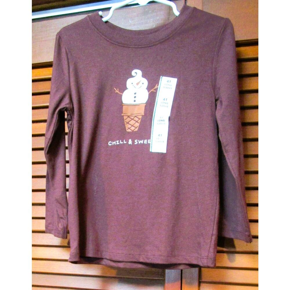 Cat & Jack Dark Brown Long Sleeve T-Shirt Snowman Ice Cream Applique Size 4T